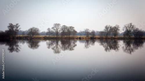 Serene landscape with calm reflective water, leafless trees silhouetted against a muted sky, golden-brown meadow, and a gradient of soft pale colors.