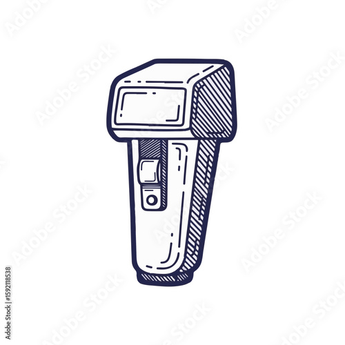 Flash icon illustration, retro photo flash icon in sketch style on pure white backdrop. Detailed flash icon depicts a vintage camera accessory for photography.