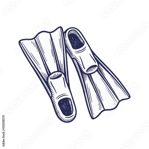Pair of blue flippers for swimming isolated on transparent background. Flippers ready for diving and water sports, summer vacation at sea. Hand drawn flippers for marine adventures.