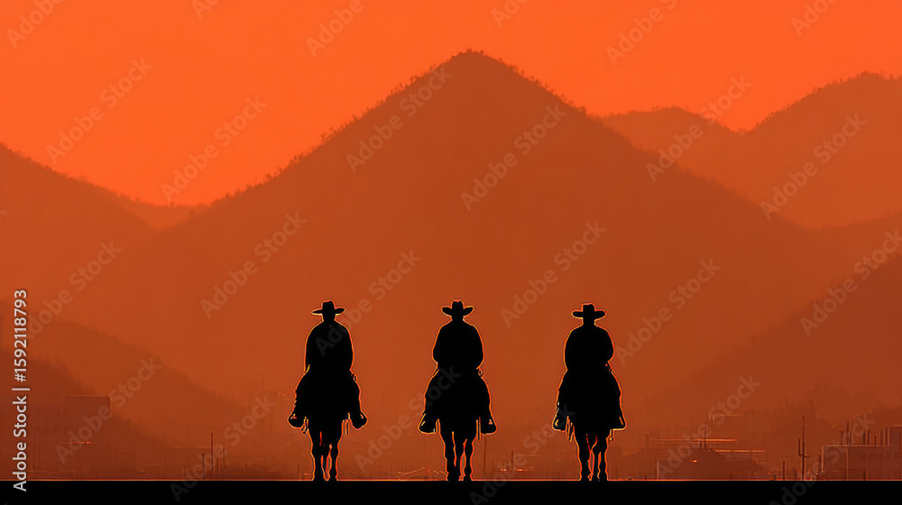 Fototapeta premium Serene Sunset with Cowboy Silhouettes over Mountain Range