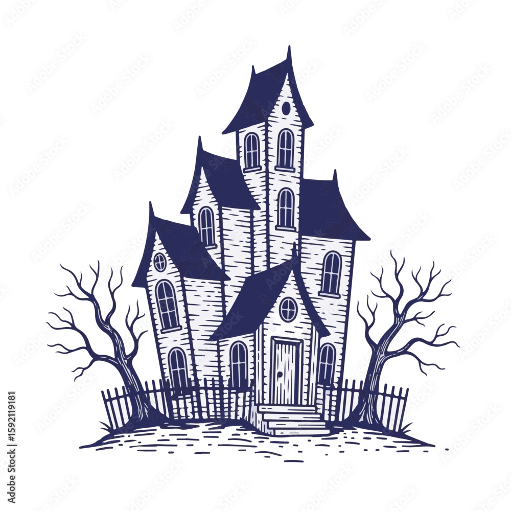 Fototapeta premium Isolated haunted house illustration on transparent background is perfect for Halloween designs. This spooky haunted house drawing evokes the spirit of Halloween,
