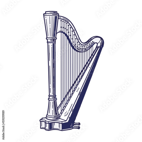 Elegant harp illustration showcasing its detailed elements and musical essence. Harp with strings and frame, meticulously depicted in line art for classical elegance.