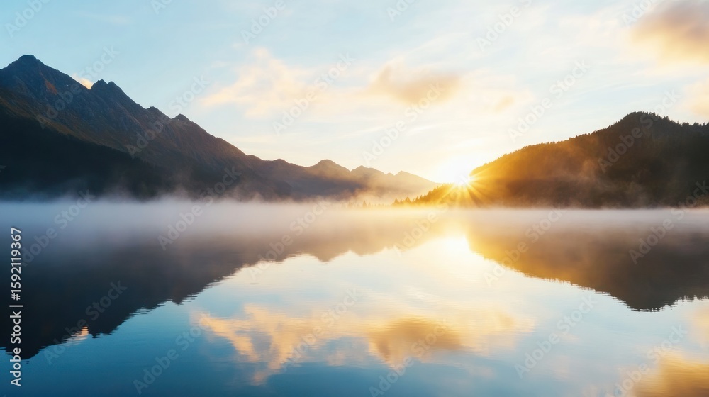 Obraz premium Serene Mountain Lake at Dawn: Capture a tranquil vista of a mountain lake at dawn, as the sun's golden rays begin to paint the sky, reflecting on the calm water surface