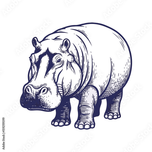Hippopotamus illustration on transparent background showcasing muscular build and skin folds. This hippopotamus art piece, with its intricate line work,