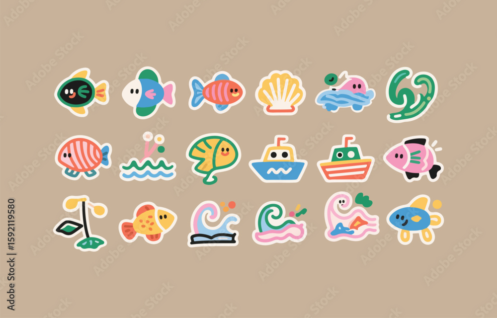 Fototapeta premium Cheerful cartoon ocean stickers: playful fish, boats, and sea plants.