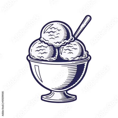 Ice cream bowl filled with three scoops of ice cream, shown in minimalist style, is presented. Detailed ice cream bowl includes vintage design with spoon, presented on transparent background.
