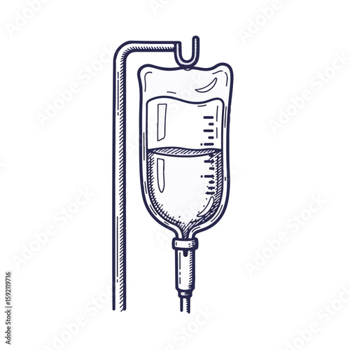 IV drip bag with saline solution hangs from metal stand. IV drip liquid replacement therapy shown for patient care, recovery, and health. Consider this IV drip for medical backgrounds,