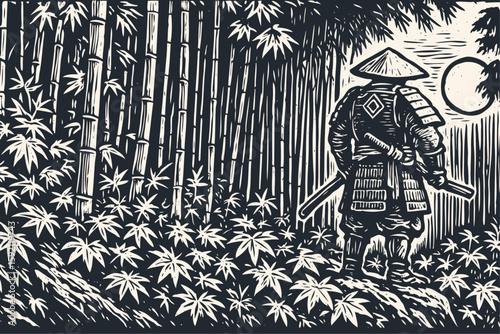 A lone samurai warrior with a katana sword stands in a bamboo forest at night. Vector illustration in a traditional Japanese woodcut or linocut print style.