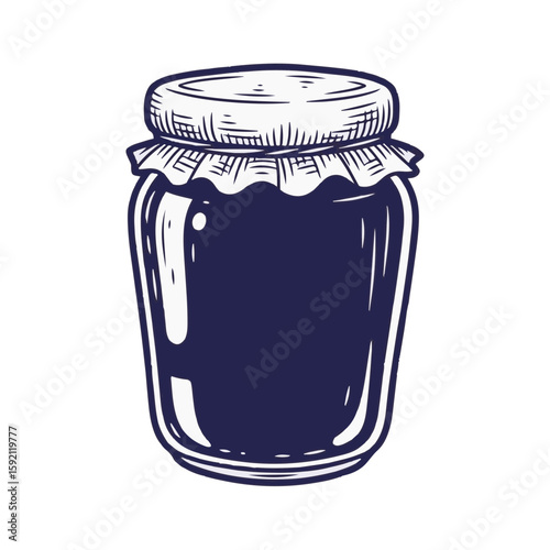 Jam jar illustration featuring rustic jar, closed with checkered fabric on transparent background. Jam jar drawing depicts fruit preserve in vintage container, offering traditional homemade goodness.