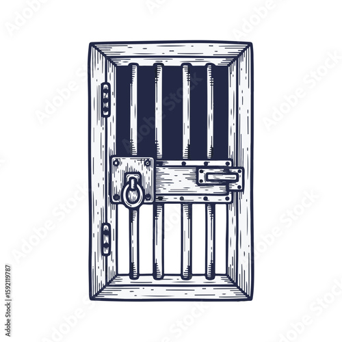 Jail cell door depicted with vintage bars and aged wood texture. Jail cell door includes a heavy lock, a metal handle, and solid wooden frame. Find this Jail cell door image for prison scene design,