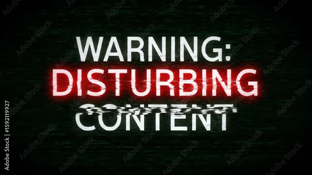 Disturbing Content Warning Message with Glitch Effect, Digital Noise, and Retro TV Static Disturbing Content Warning Message with Glitch Effect, Digital Noise, and Retro TV Static