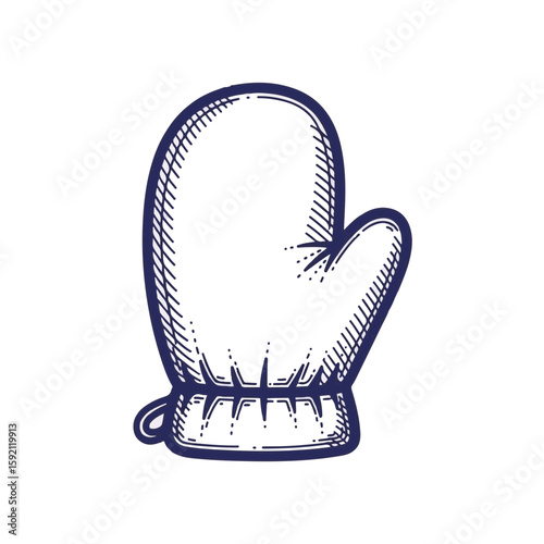 Kitchen mitten, protective cooking glove for culinary activities in etching style. Kitchen mitten provides hand protection for hot cookware and baking needs, depicted in detailed lines.