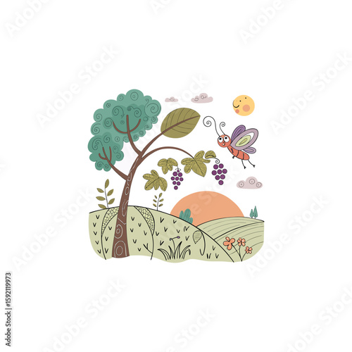 Vector illustration of a butterfly and sun rise on background