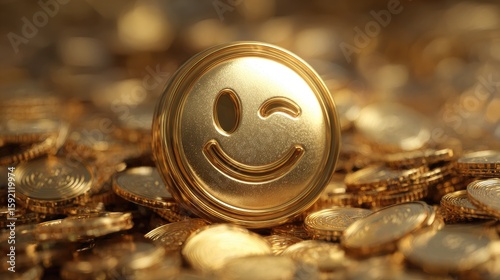 Golden smiley face emoticon on coins