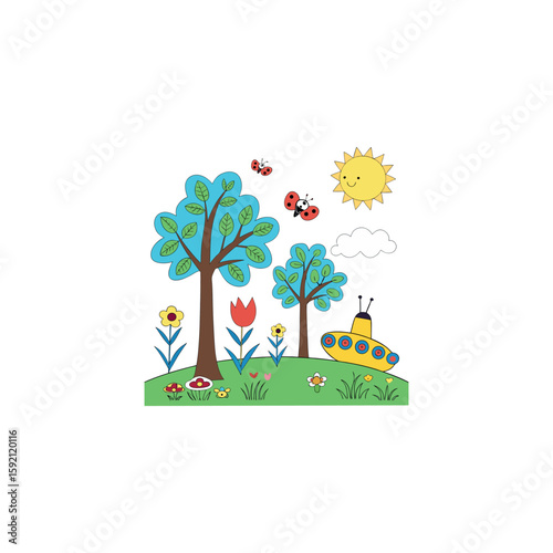 Summer landscape with flowers and birds vector