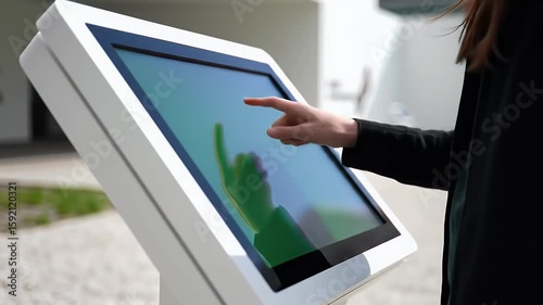 User Interacting with Modern Digital Touchscreen Kiosk in Public Space, Navigating Information on an Interactive Display