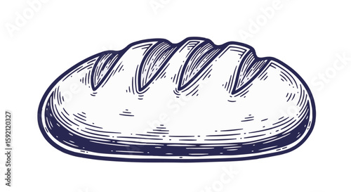 Fresh loaf illustration with engraved line details shows freshly baked bread. Delicious fresh loaf sketch with detailed bread crust and artisan loaf shape.