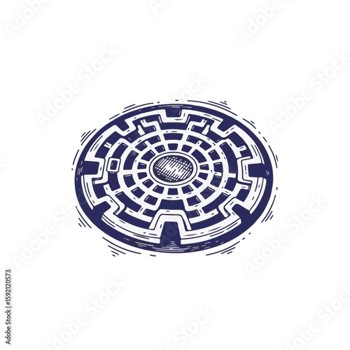 Manhole cover in engraved style, a round sewer cap isolated on clean white. Ornate manhole cover design in vintage style, providing a detailed circular maze pattern for utility access.