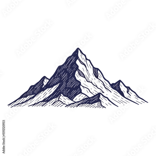 Mountain peak illustration on transparent background, sketched mountain with textured shading. Detailed mountain peak artwork displays rocky ridges and a majestic summit.