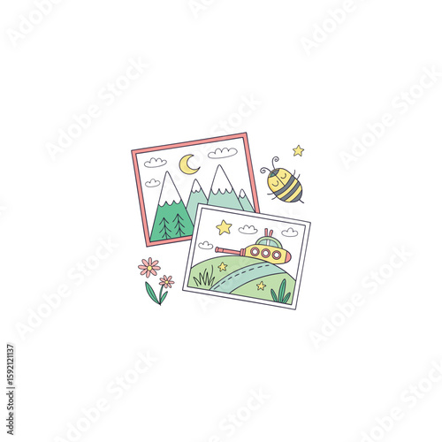 Children art mountain vector playing cards on white background