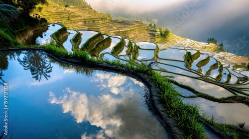 Stunning terraced rice paddies cascading down a lush hillside with reflective water, vibrant green plants, and a serene, misty background.