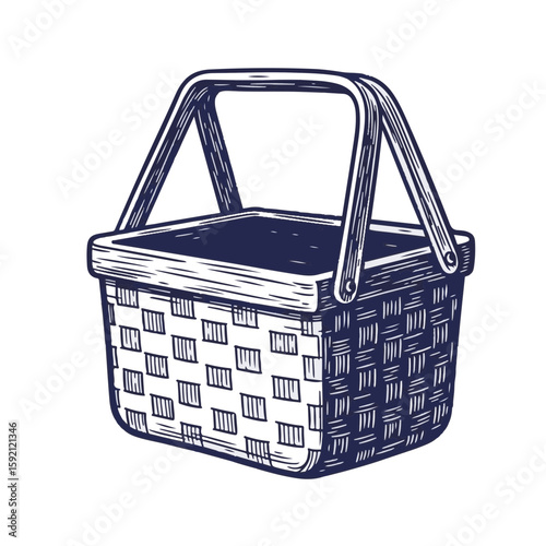 Depiction of picnic basket, an open weave container ready for outdoor dining events. Picnic basket artwork is a traditional symbol of summer leisure and relaxation.