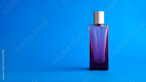 Elegant purple and silver perfume bottle stands gracefully against a vivid blue background with its sleek design.
