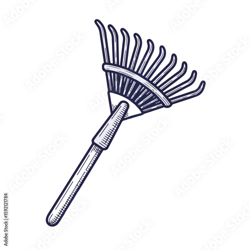 Garden rake with wooden handle and metal tines.  High-quality image of gardening tool perfect for website banners, logos, and app icons.