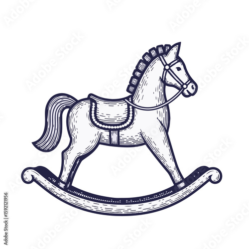 Classic rocking horse toy illustration. Detailed rocking horse design with saddle and bridle.  Charming rocking horse image perfect for nursery decor or children's book illustrations.