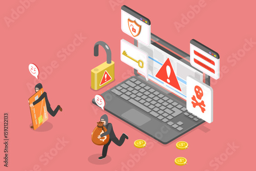 3D Isometric Flat Vector Illustration of Cyber Crime, Hacker Attack, Online Criminals Stealing Computer Banking Information.