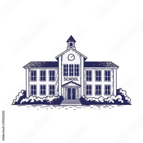 Classic school building illustration with clock tower and landscaping. School design includes detailed architectural elements, windows, and entrance steps.
