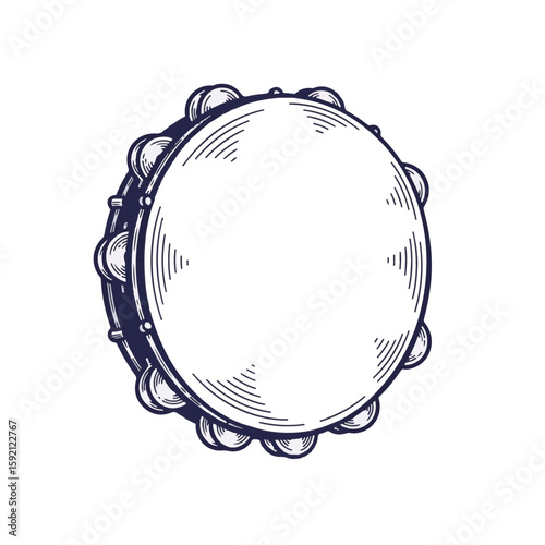 Detailed tambourine illustration, musical instrument with jingling metallic discs, hand percussion instrument. This tambourine image is perfect for music posters, website banners,