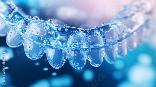 Close-up of a clear mouth guard that fits perfectly on human teeth, with water droplets for realism