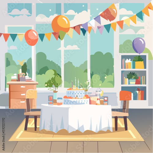 A cheerful and inviting illustration of a birthday celebration indoors, featuring a decorated table with a cake, balloons, and festive decorations, creating a joyous atmosphere.