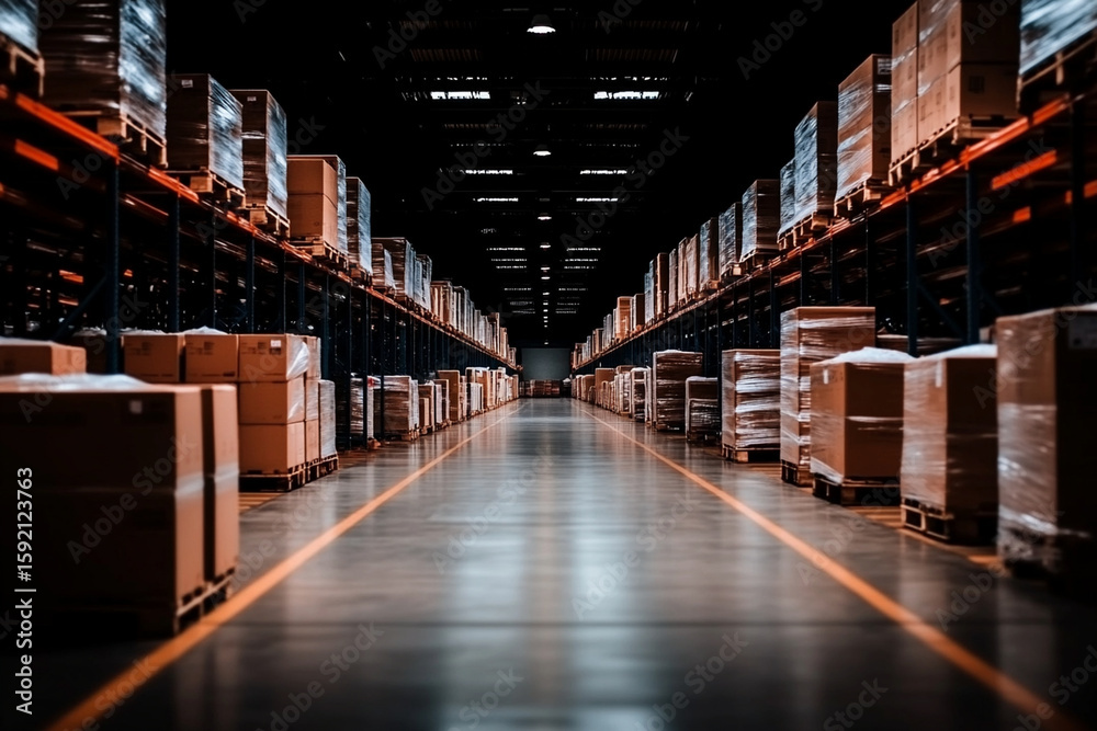 Fototapeta premium Stacked pallets with wrapped goods in a spacious storage facility