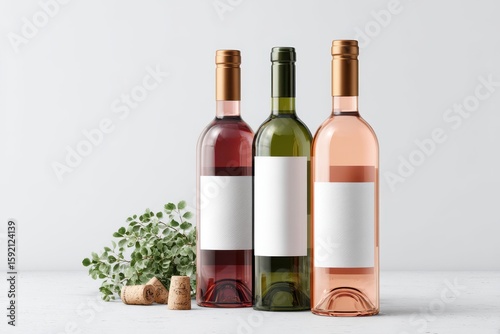 Three wine bottles, varying colors, blank labels, light background