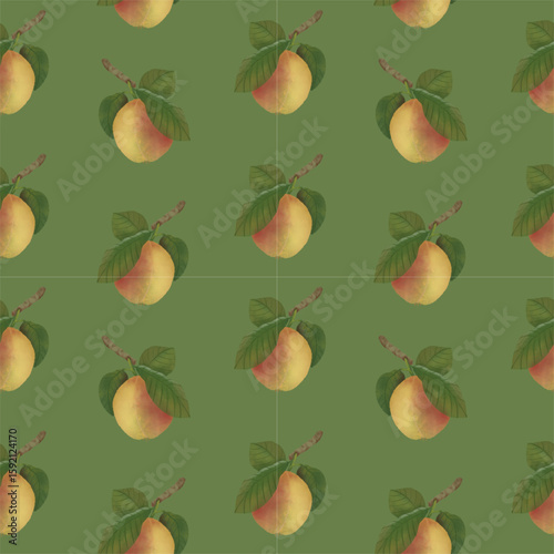 Seamless pattern, peaches isolated on green background 
