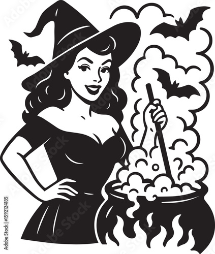 halloween retro witch with cauldron