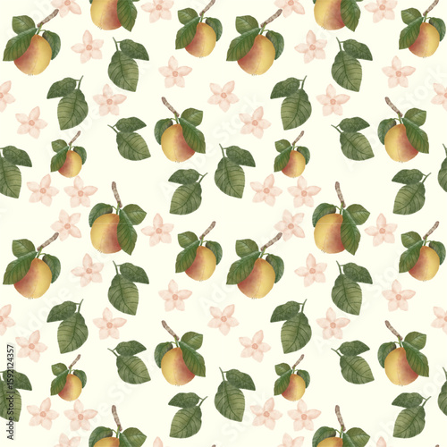 Seamless pattern with peaches and leaves and small pink flowers on light green background