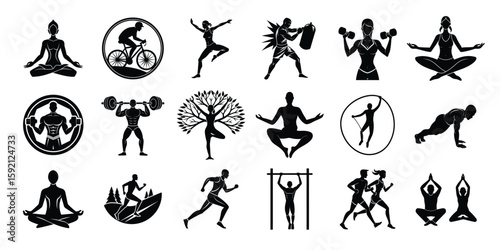 yoga poses vector, Fitness and yoga workout silhouette vector set, active exercise poses, health and wellness clipart collection