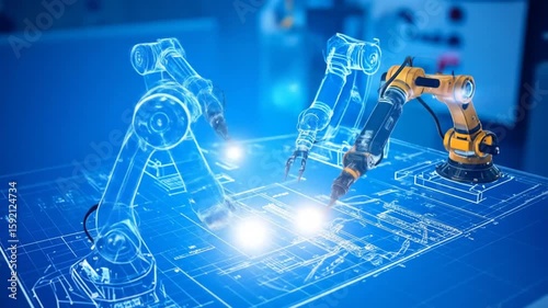 Robotic arms, some in blueprint form, are displayed on a blue surface. One arm is yellow, with a blueprint background and bright glows