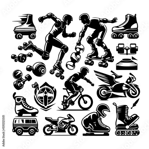 Illustration showcasing various wheeled sports equipment and related gear in black and white style