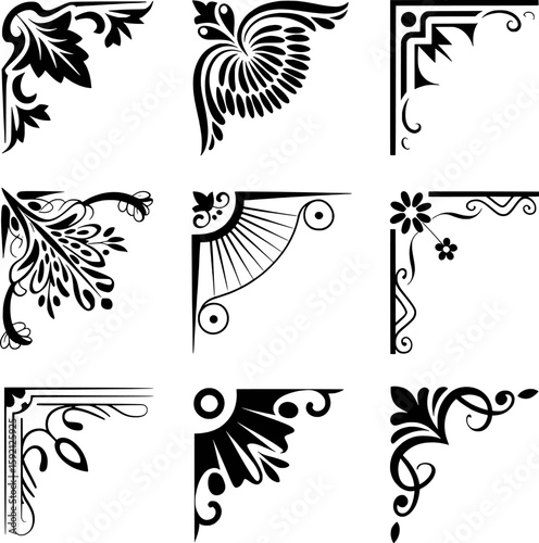 Black ornate decorative corner elements with floral and geometric motifs vector