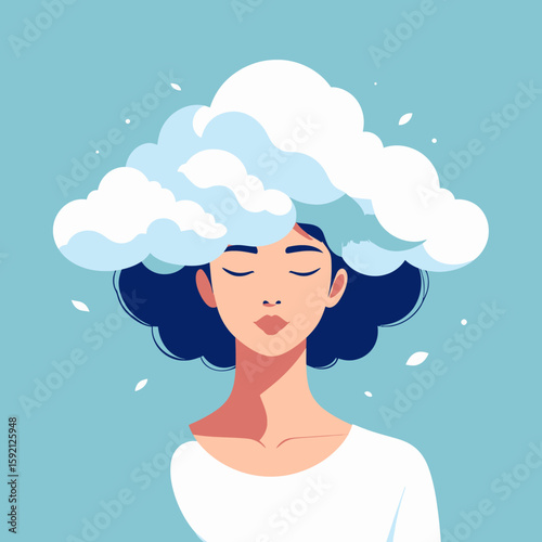 Calm woman with clouds over her head, representing mental clarity or stress.