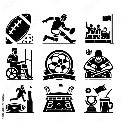 Collection of sports icons featuring rugby, soccer, american football, and stadium scenes in black and white