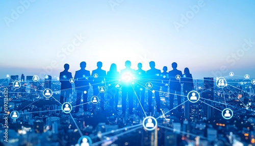 Wallpaper Mural Silhouettes of a large team connected by a network over a city Torontodigital.ca