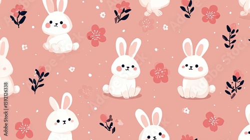 Cute White Rabbits and Pink Flowers Seamless Pattern