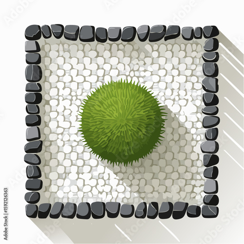 Overhead illustration of a meticulously designed garden bed featuring a topiary tree surrounded by small white stones and outlined with dark gray stones, creating a serene outdoor scene.