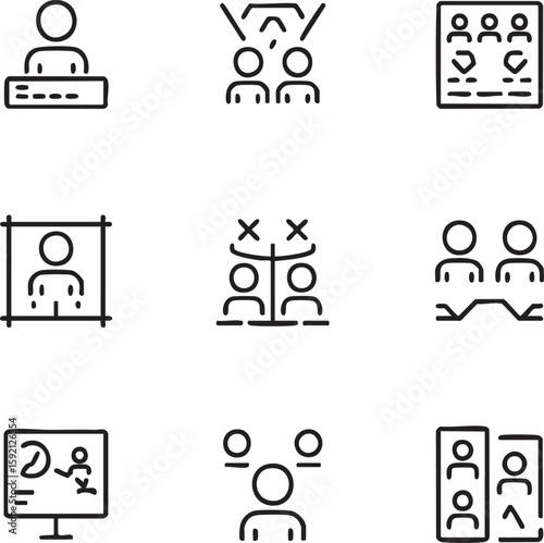 Business strategy vector icon set outline icons,editable stroke meeting,presentation,brainstorming,team,teamwork,coaching,planning,hierarchy,training,negotiation icon set