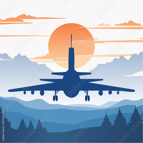 Silhouette illustration of a large airplane descending with landing gear down, over a layered landscape of mountains and trees at sunset with an orange sun